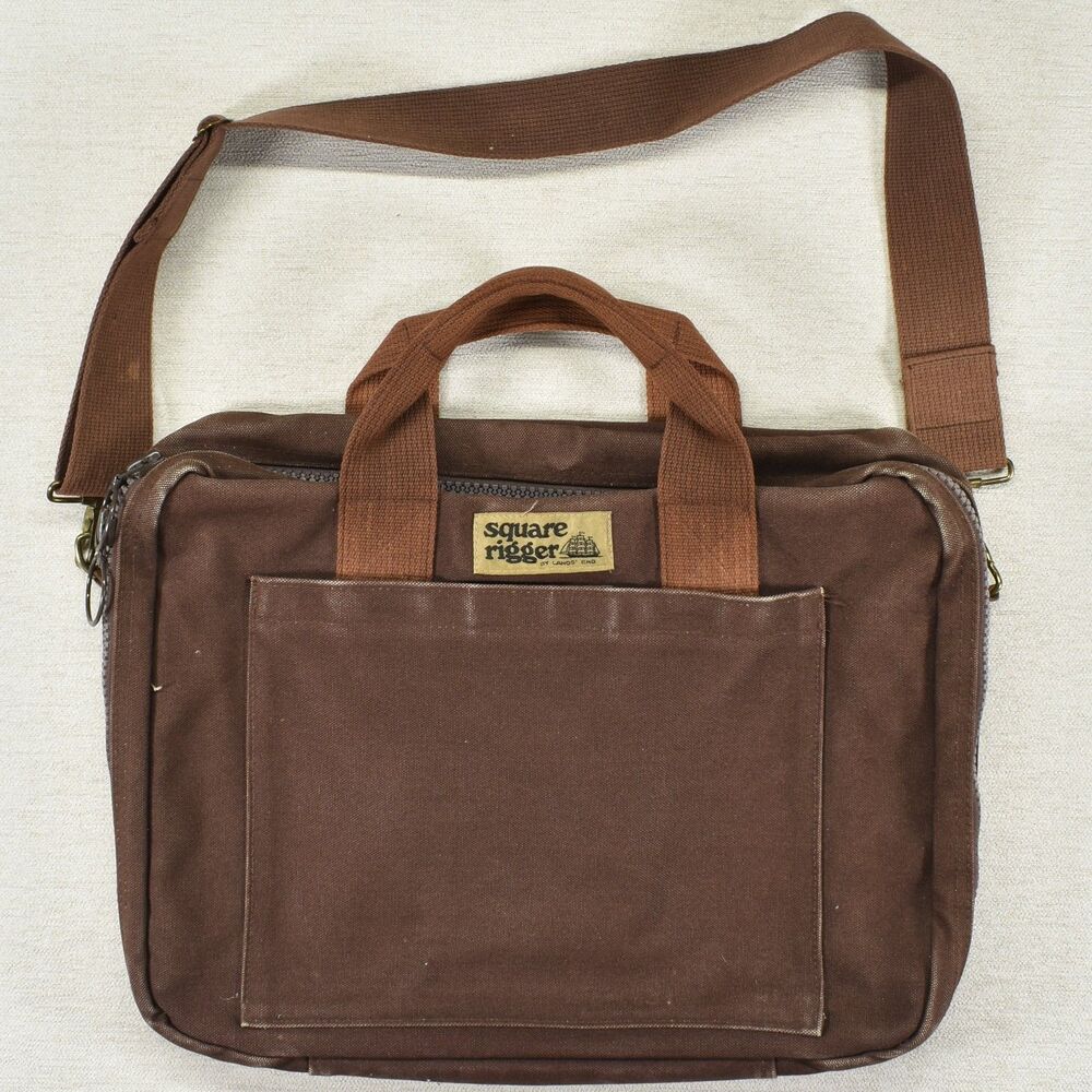 Vintage Lands End Square Rigger Brown Canvas Messenger Briefcase Travel Bag USA